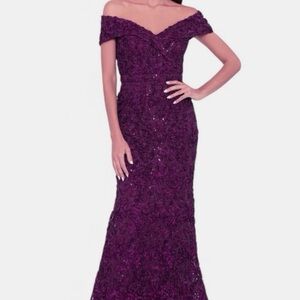 Xscape Off-Shoulder Purple Lace Evening Gown